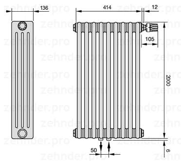 Схема (чертеж) Радиатор Zehnder Charleston 4200/9 №V008 Белый глянцевый RAL 9016